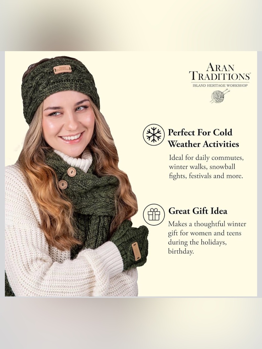 Aran Tradition Olive Green Knit Headband fleece lined